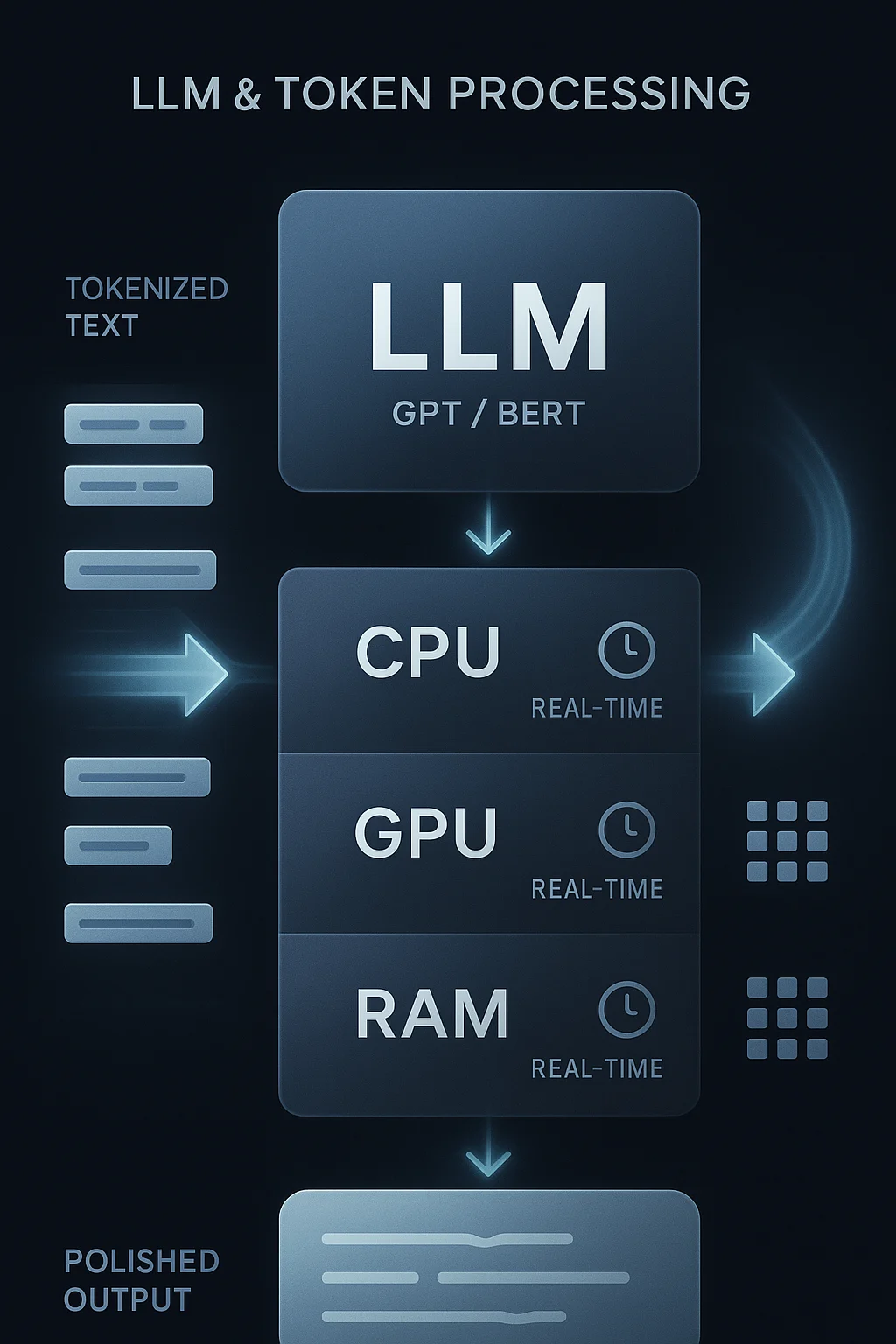 oken flow through CPU/GPU layers, memory interactions (KV cache), and critical latency/throughput metrics from LLM inference pipelines.