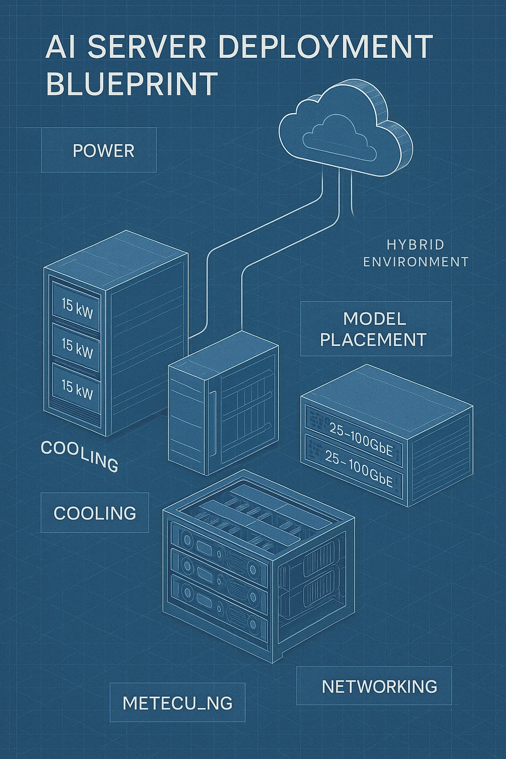 AI data center for hybrid cloud: power, liquid cooling, multi-GPU servers, fast switches, cloud link