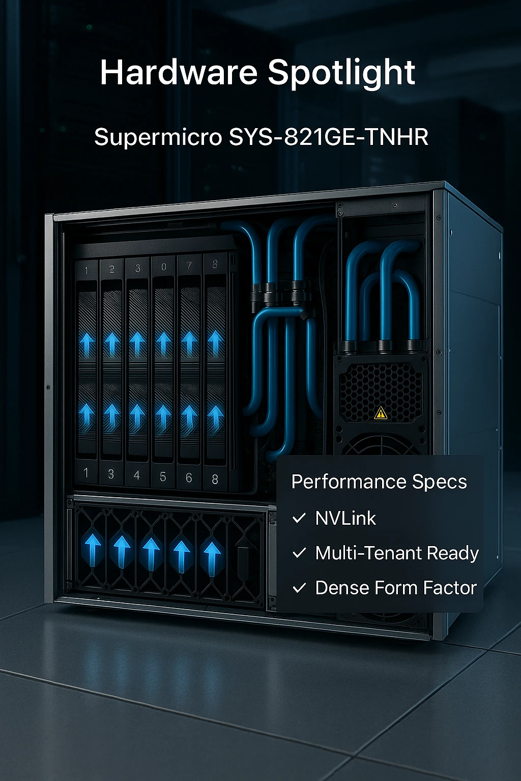 Photoreal render of Supermicro SYS-821GE-TNHR, 8 GPU slots, liquid cooling, labeled specs 