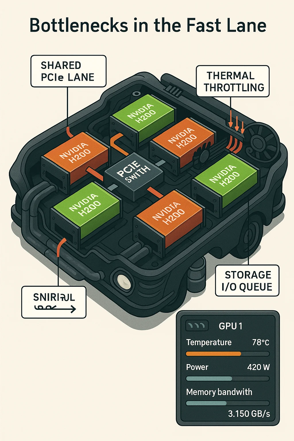Diagram showing GPU bottlenecks from PCIe congestion and thermal throttling in AI server