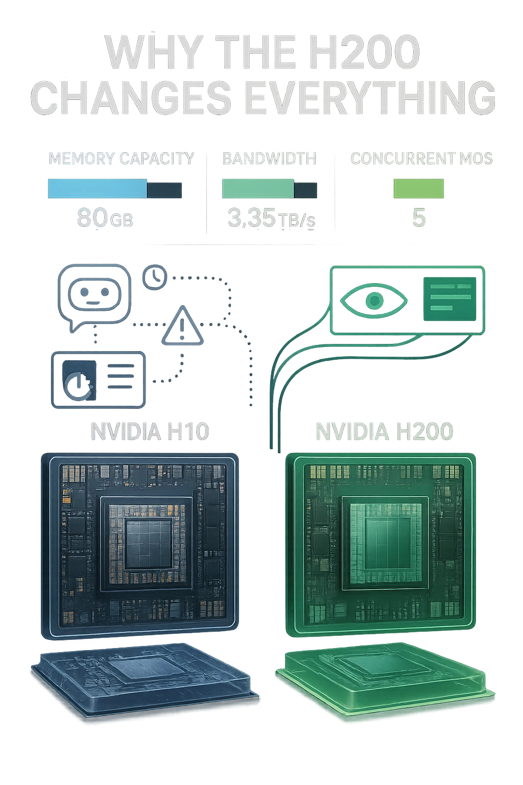 Comparison of NVIDIA H100 vs H200 GPUs with performance metrics and AI workloads