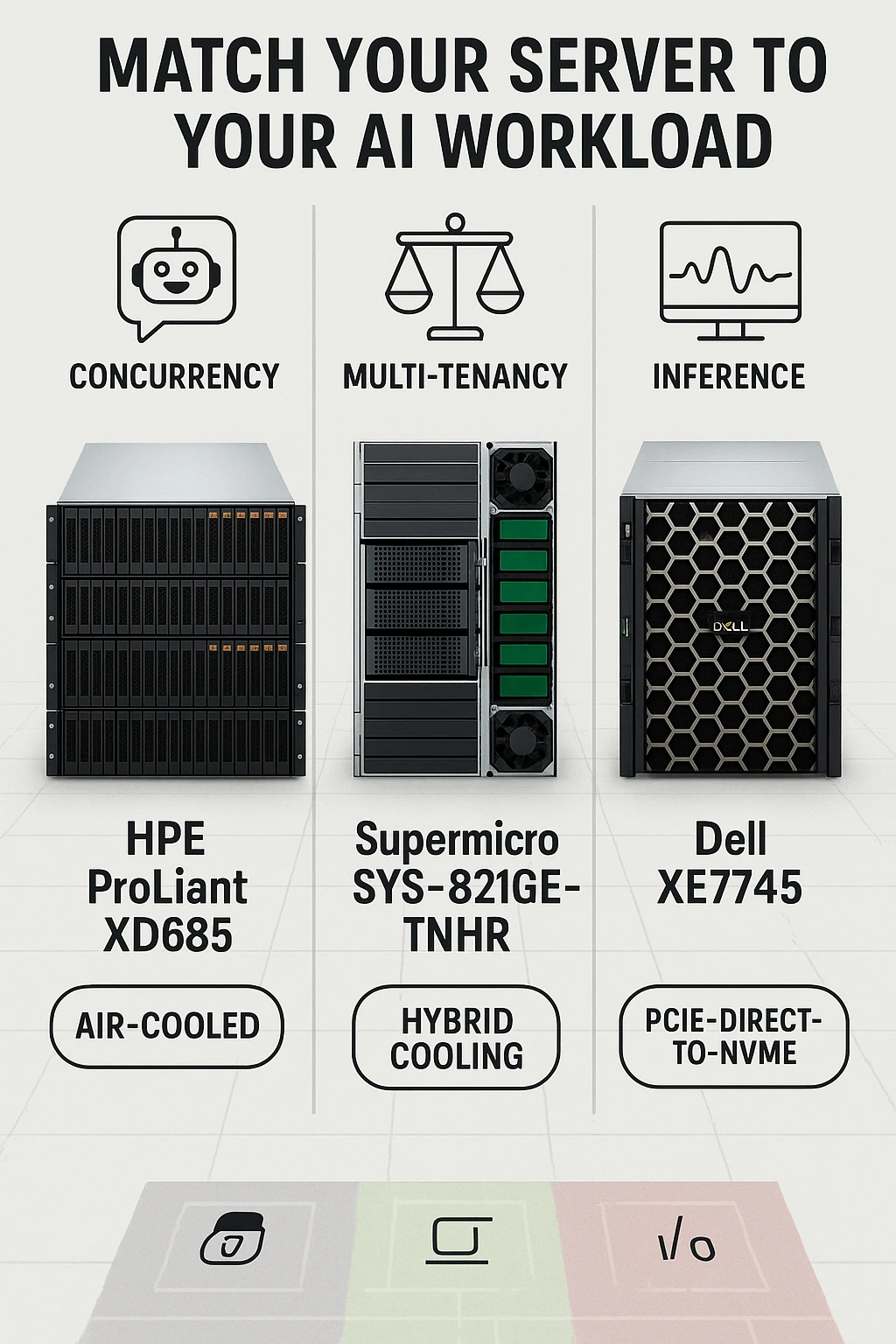 Comparison of three AI servers optimized for concurrency, multi-tenant, and I/O-heavy workloads