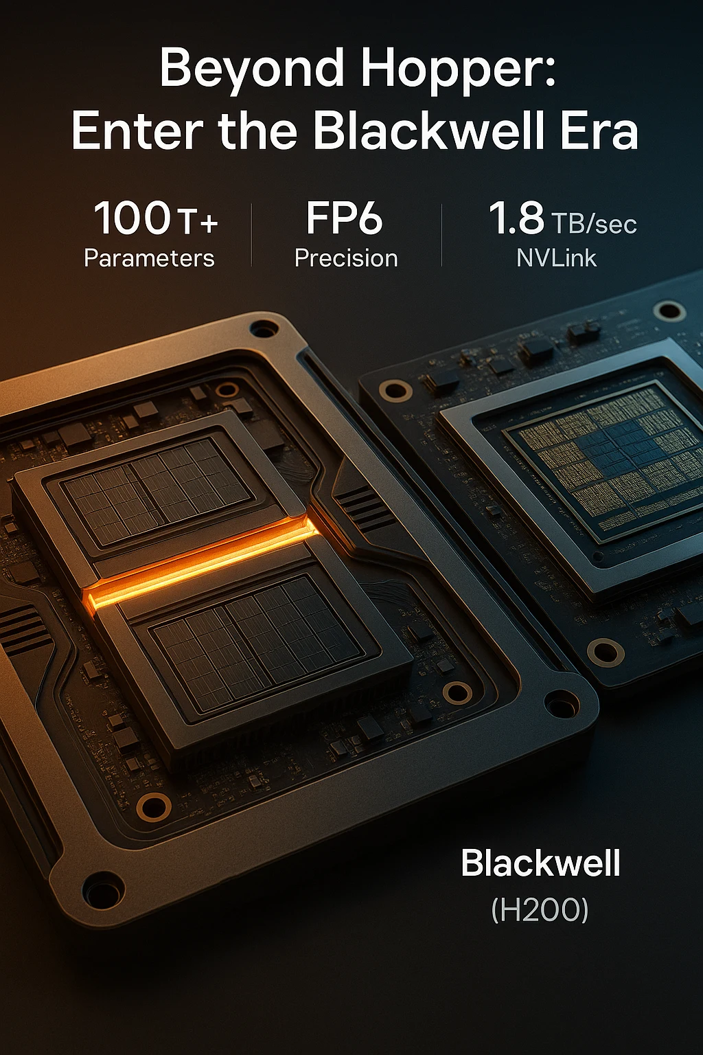 Side-by-side visual comparison of NVIDIA’s Blackwell and Hopper GPU architectures, highlighting Blackwell’s dual-GPU design, NVLink bridge, and breakthrough AI capabilities.