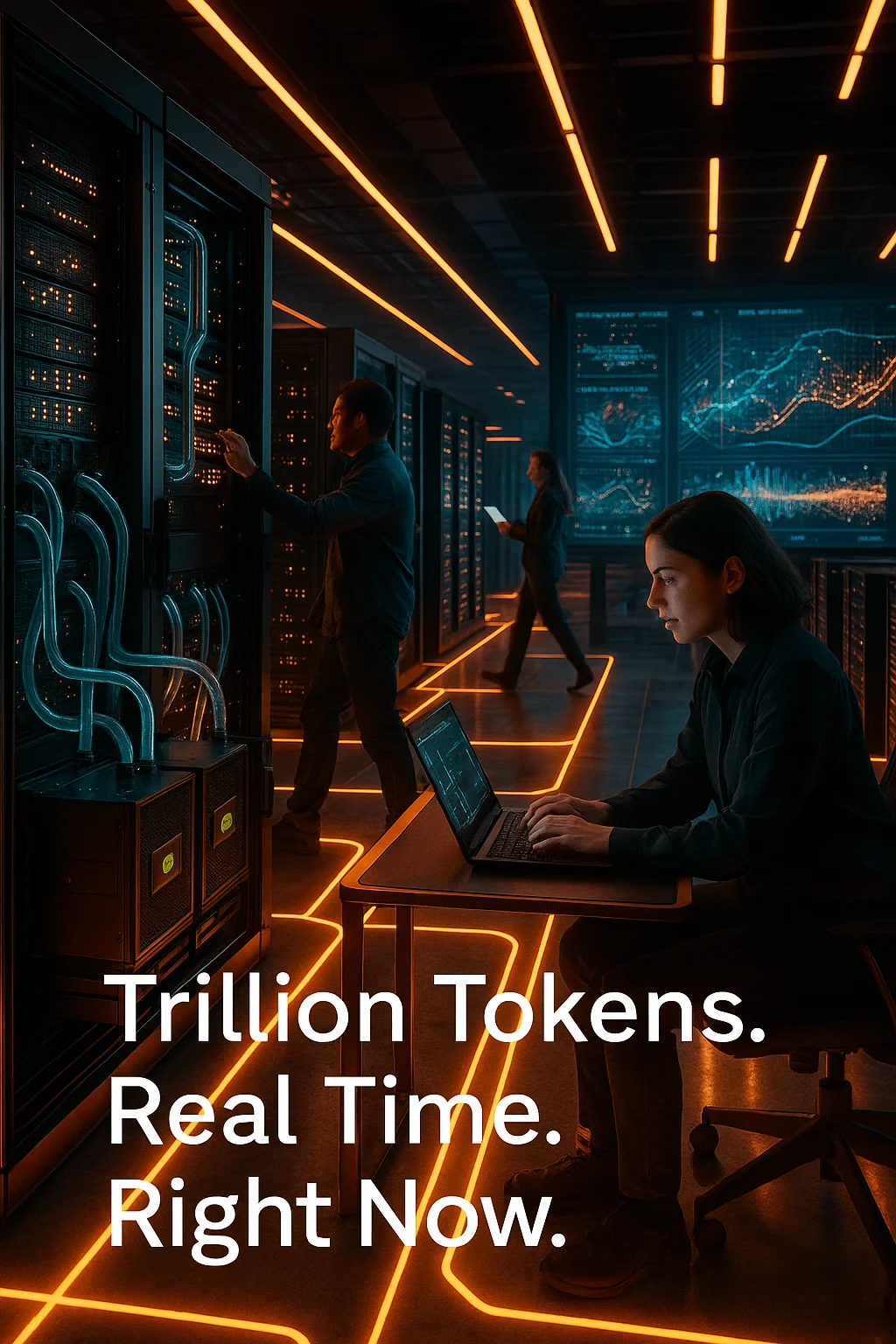 Futuristic data center powered by NVIDIA Blackwell GPUs with glowing orange cooling lines and engineers interacting with real-time trillion-token AI simulations.