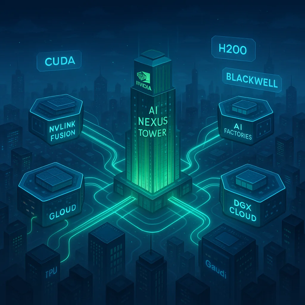 Futuristic digital city with NVIDIA at the center of a glowing AI ecosystem, showing NVLink Fusion, AI Factories, and third-party chip interconnectivity.)