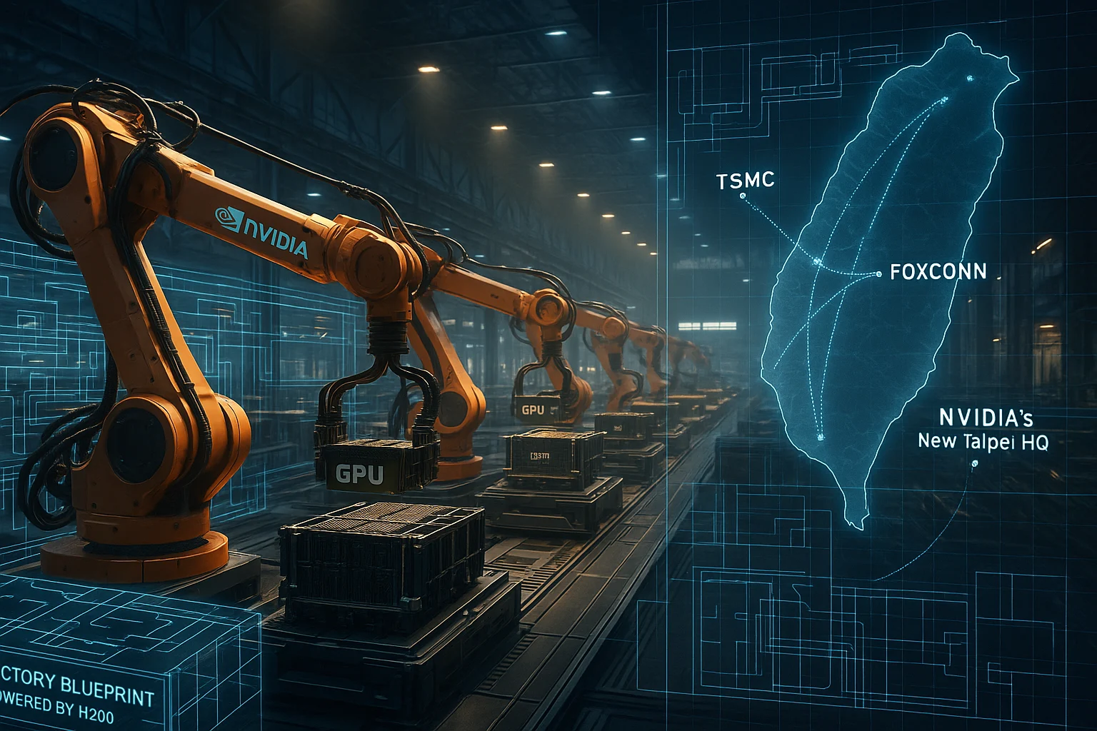 Cinematic AI factory with robotics, modular infrastructure overlays, and a Taiwan map showing NVIDIA’s supply chain and production partnerships.
