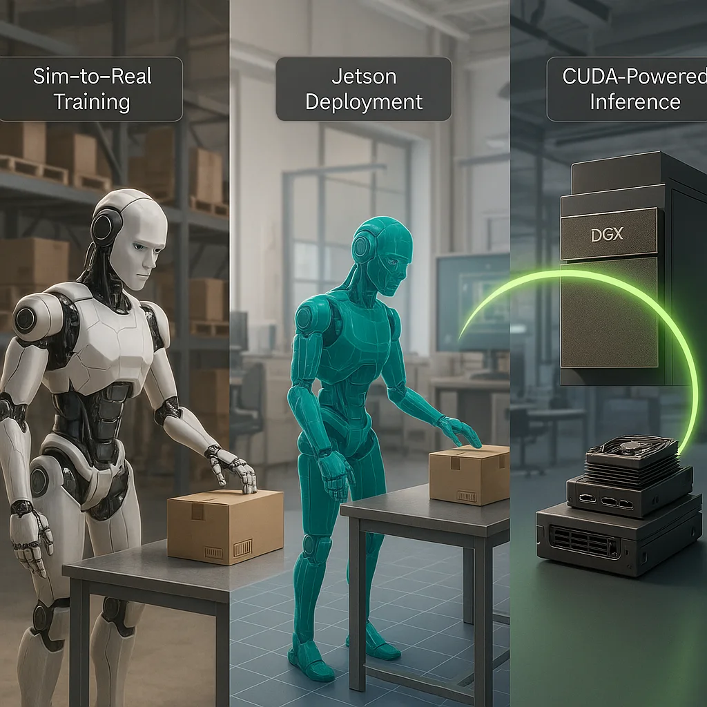 End-to-end NVIDIA robotics workflow showing a humanoid robot, simulation environment, and AI inference systems from cloud to edge)