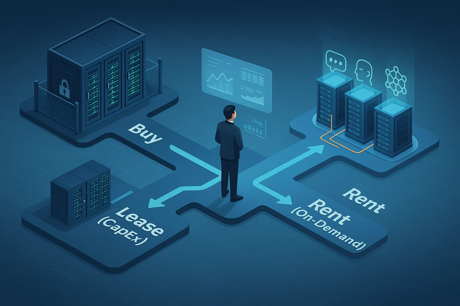 Visual decision matrix for AI server financing with paths for buying, leasing, and renting infrastructure for H200 workloads