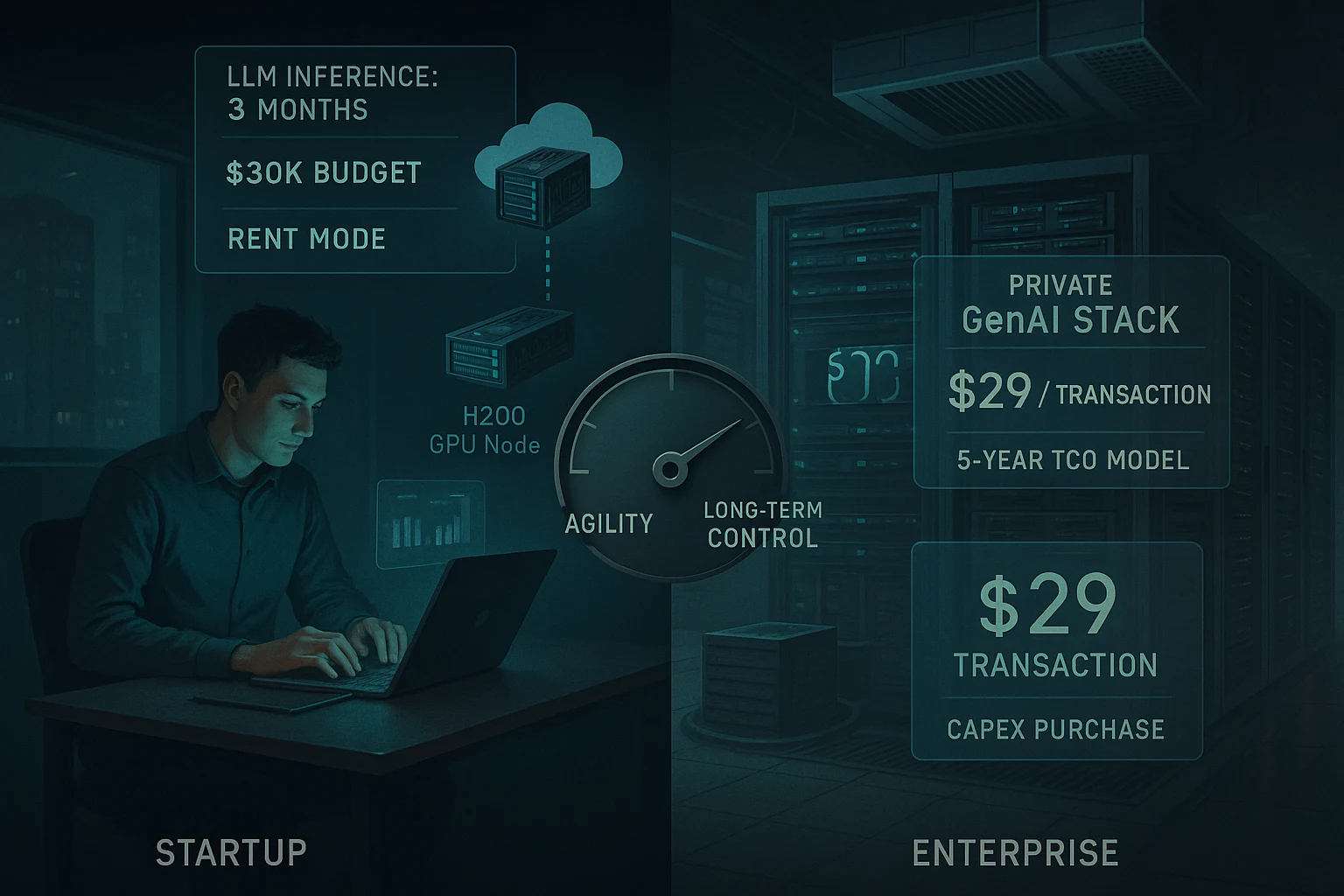 Comparison of AI server financing approaches for startups and enterprises, showing rented cloud GPUs vs owned on-premise clusters