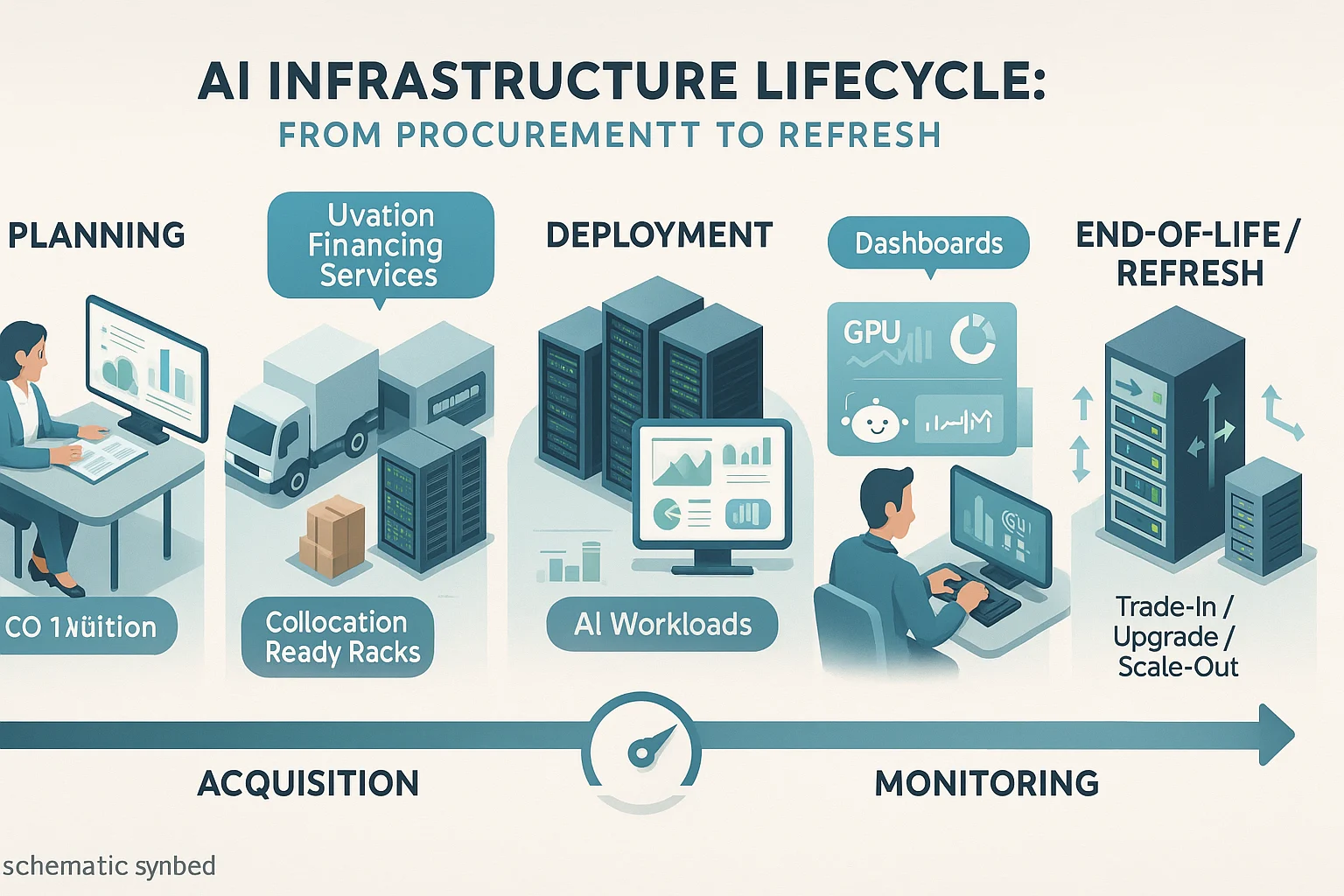 AI server lifecycle financing stages from procurement to refresh, highlighting planning, deployment, monitoring, and end-of-life strategy