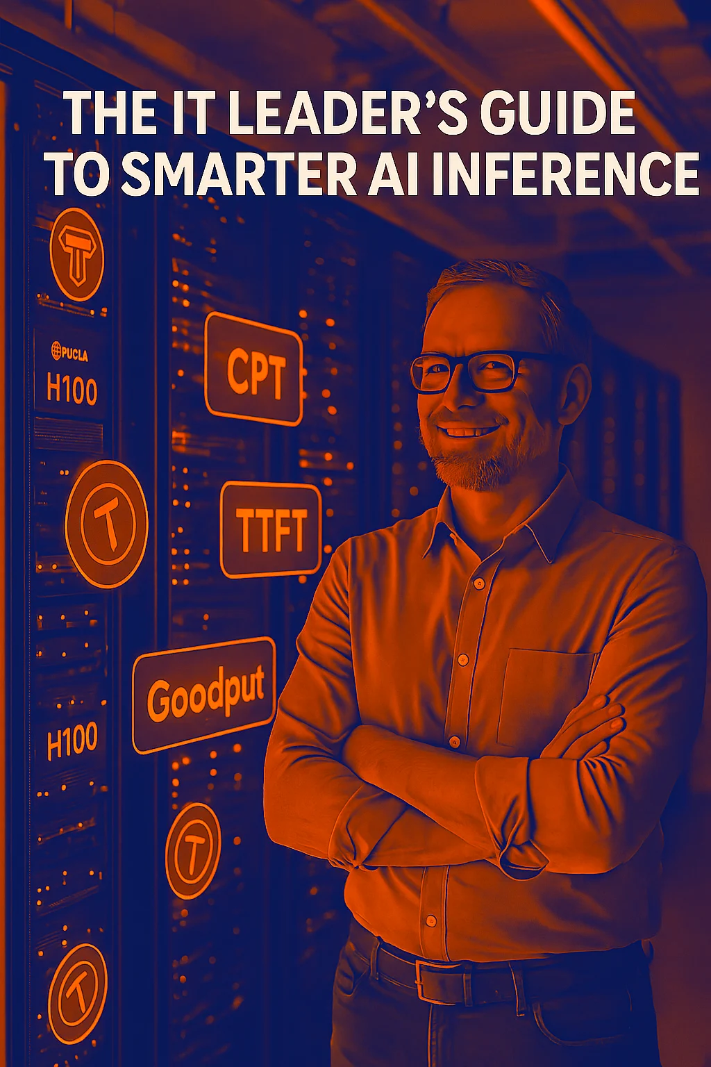 CIO analyzing AI inference metrics in a data center with holographic performance overlays (CPT, TTFT, Goodput) — featuring NVIDIA H100/H200 GPUs