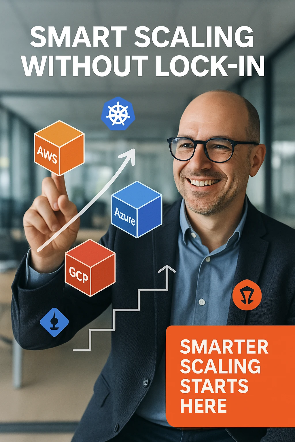 IT leader managing cloud infrastructure with AWS, Azure, GCP nodes and Kubernetes scaling dashboard.