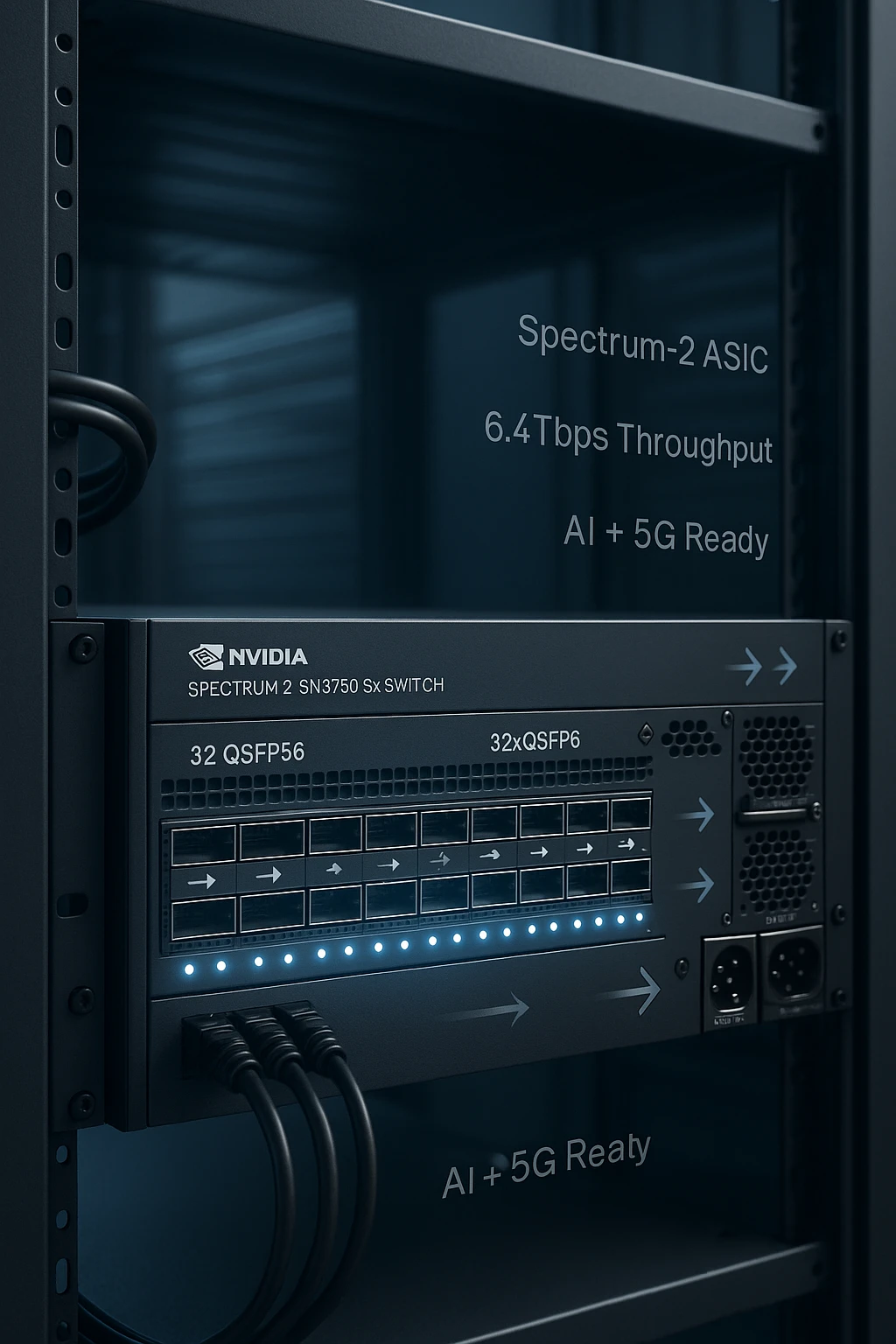 NVIDIA SN3750 SX Switch mounted in AI data center rack with glowing QSFP56 ports