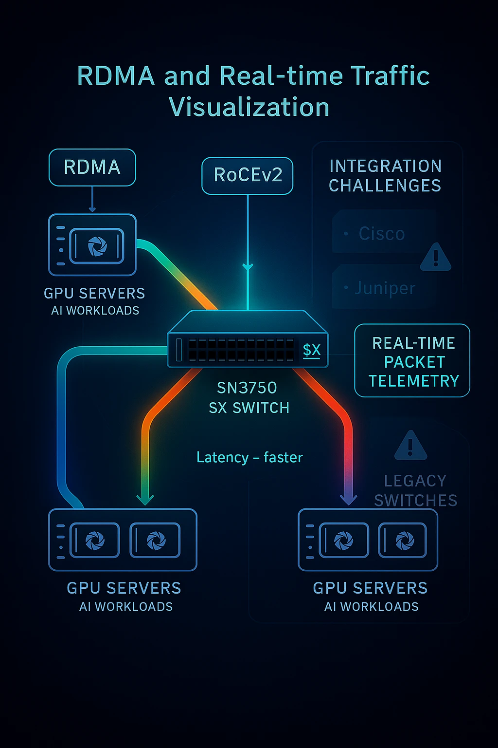 Diagram showing RDMA traffic flow from SN3750 SX switch to GPU clusters with latency overlay