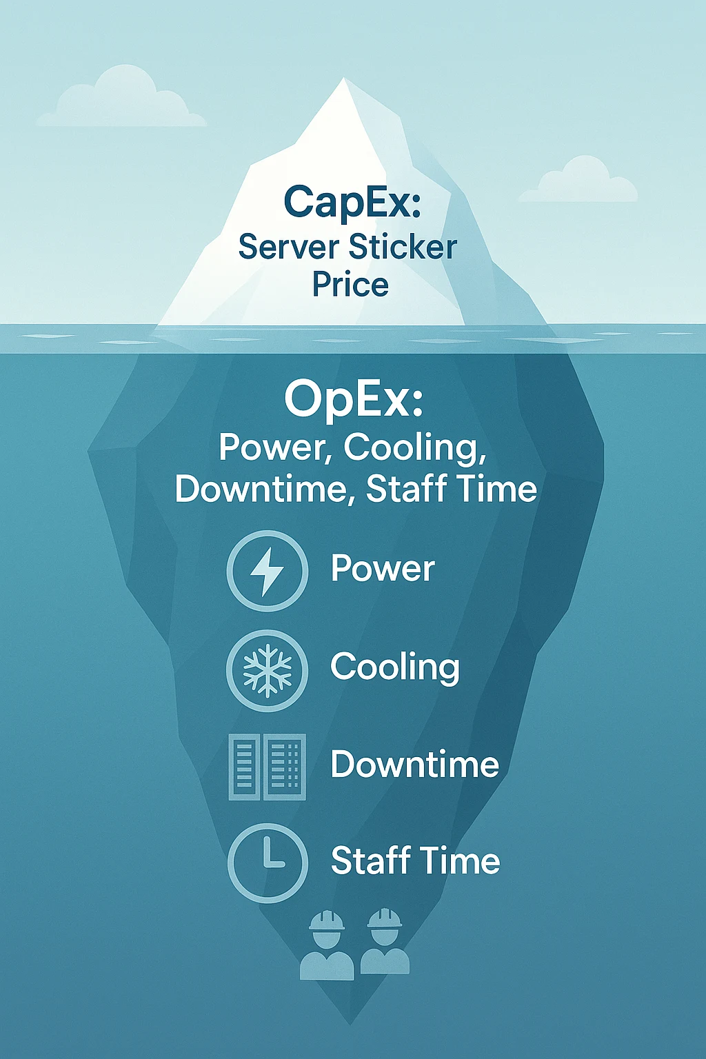 Iceberg showing small CapEx above water and large hidden OpEx below with relevant cost icons.