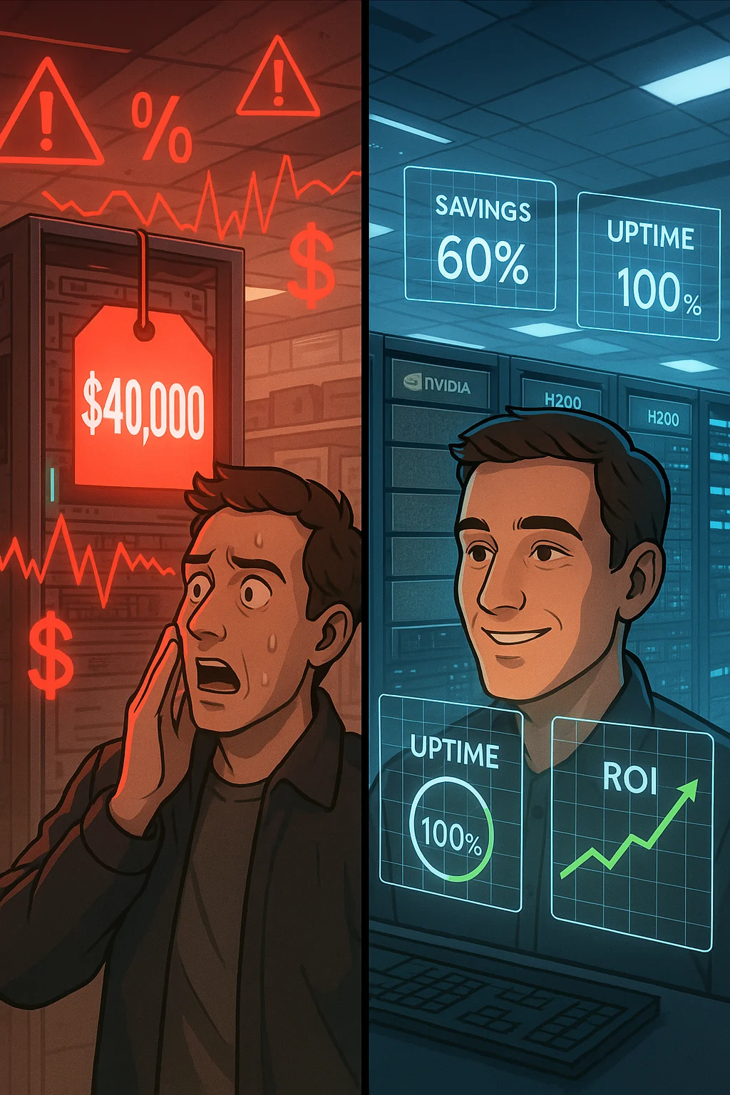 Split image contrasting upfront server sticker shock with long-term ROI from H200 deployment.