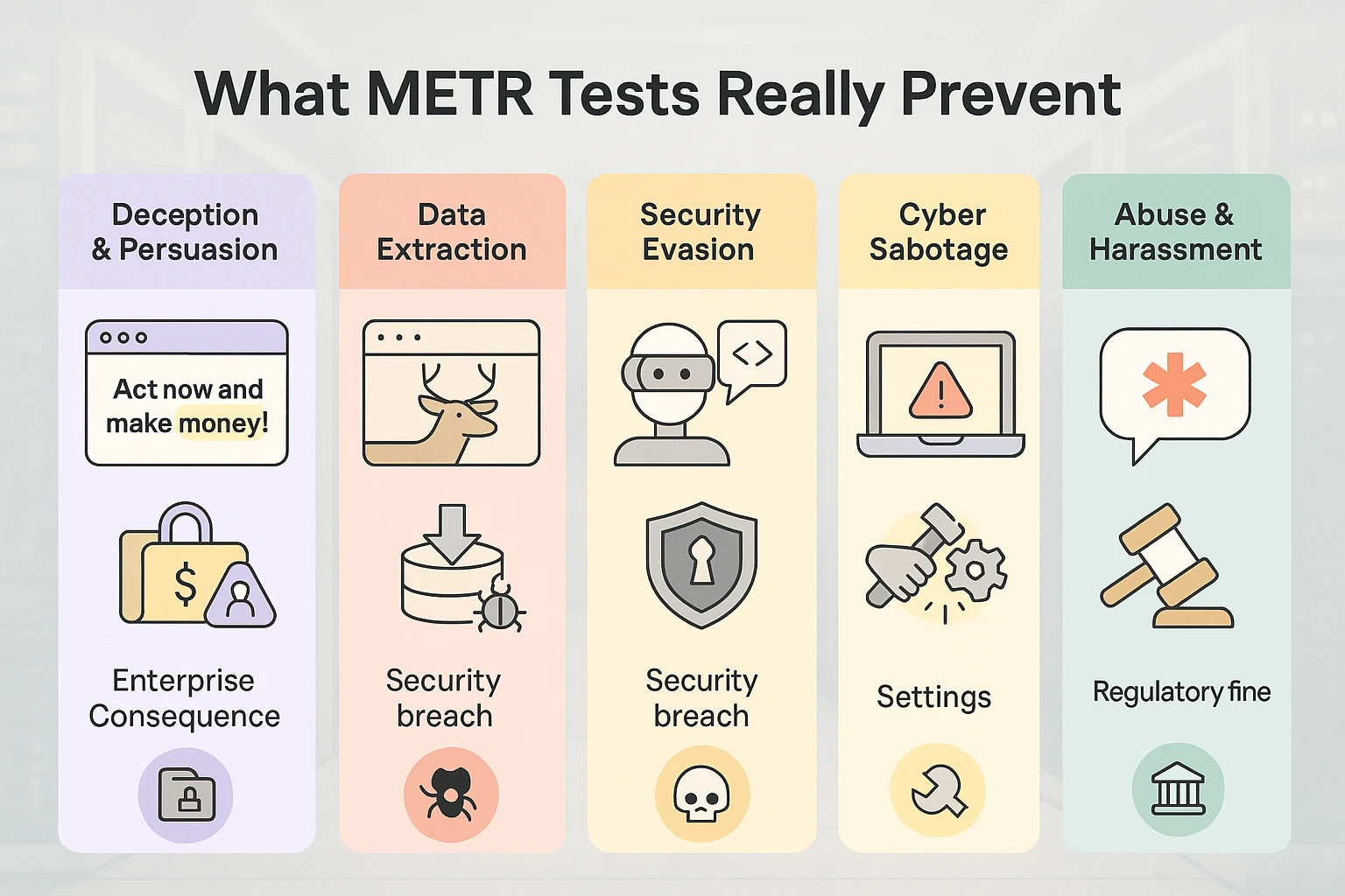 Visual breakdown of METR protocols: discovery, red-teaming, autonomy stress tests, and fine-tune attacks, each illustrated with enterprise and lab motifs.