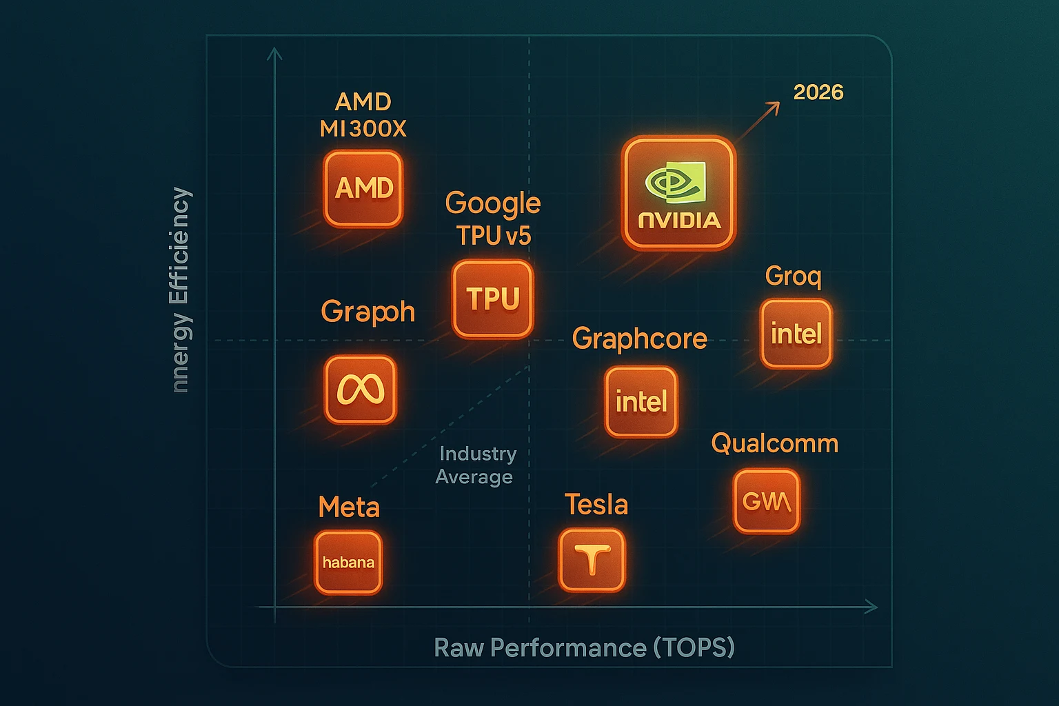 Quadrant graph comparing AI inference chips by TOPS vs TOPS/Watt, showing NVIDIA, AMD, Google, Groq, and others plotted by performance and efficiency.”