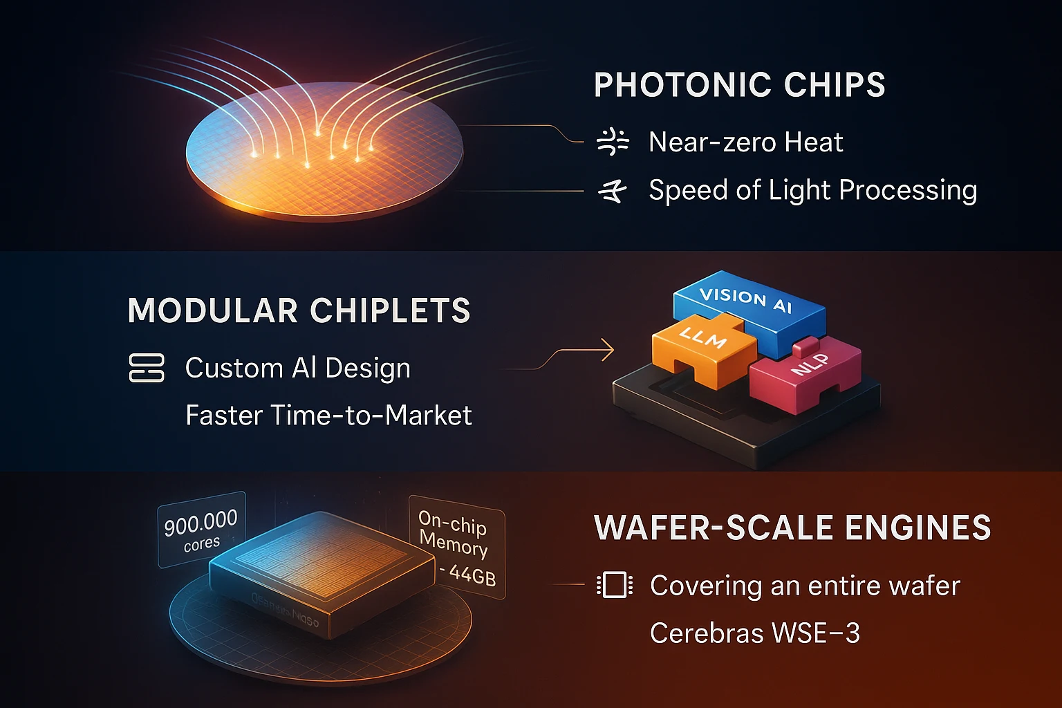 nfographic showing three future AI chip technologies: photonic processors with light beams, modular chiplets snapping together, and a wafer-scale chip with 900,000 core