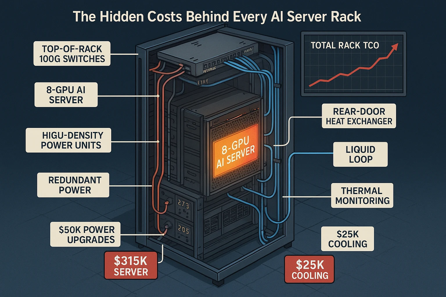 Isometric cutaway of an AI server rack showing hidden cost layers like cooling, networking, and power upgrades, emphasizing the true AI server data center cost