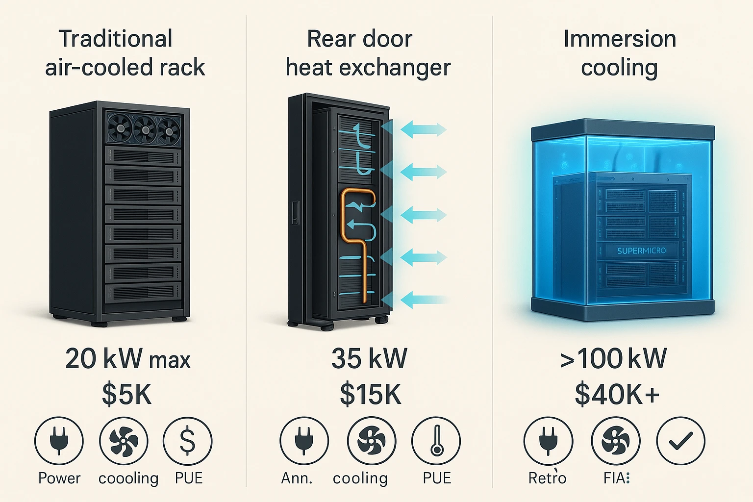 Three-tier cooling evolution comparison from air to liquid to immersion systems, with costs and efficiency visualized for each method