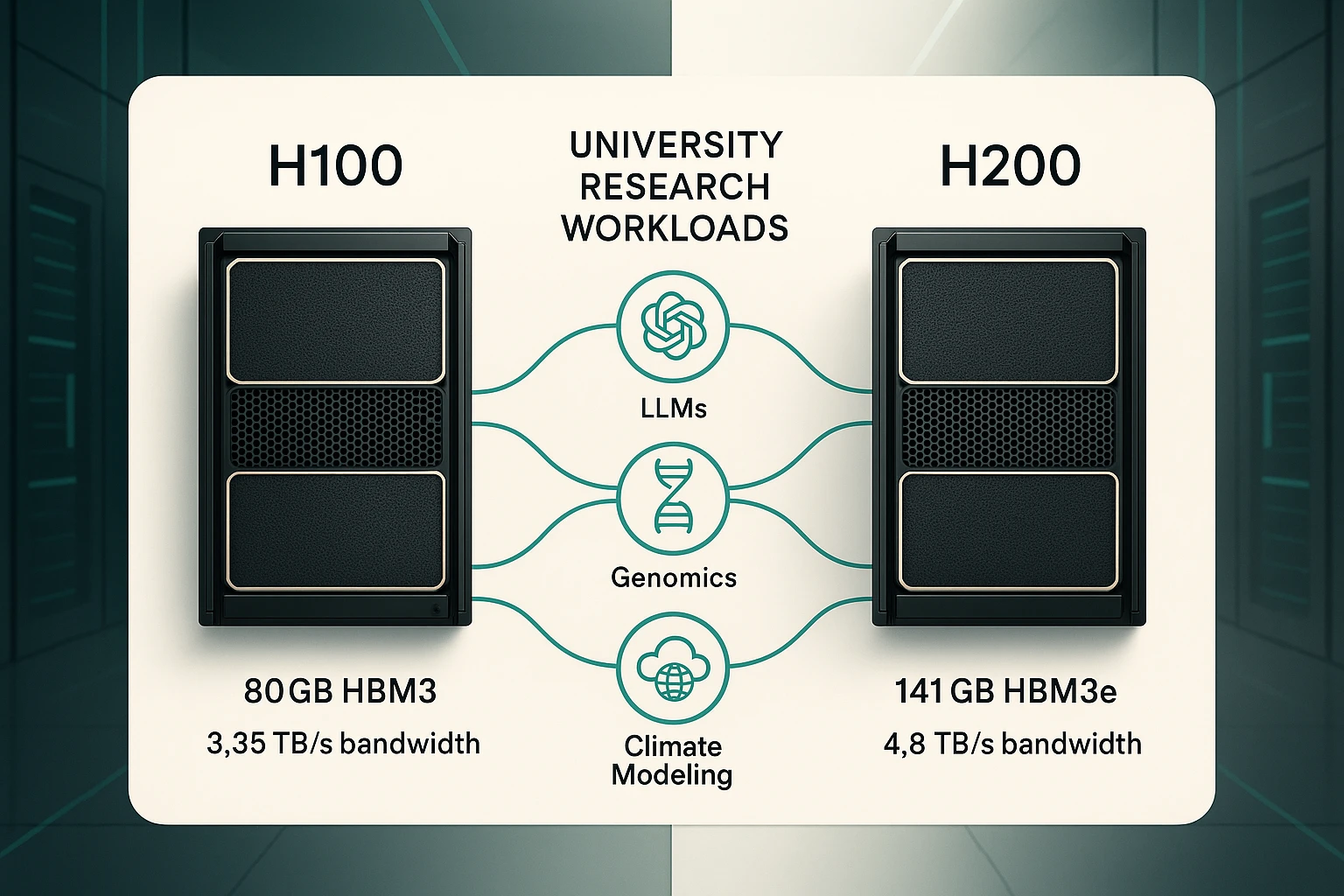 Infographic comparing NVIDIA H100 and H200 GPUs for academic AI workloads