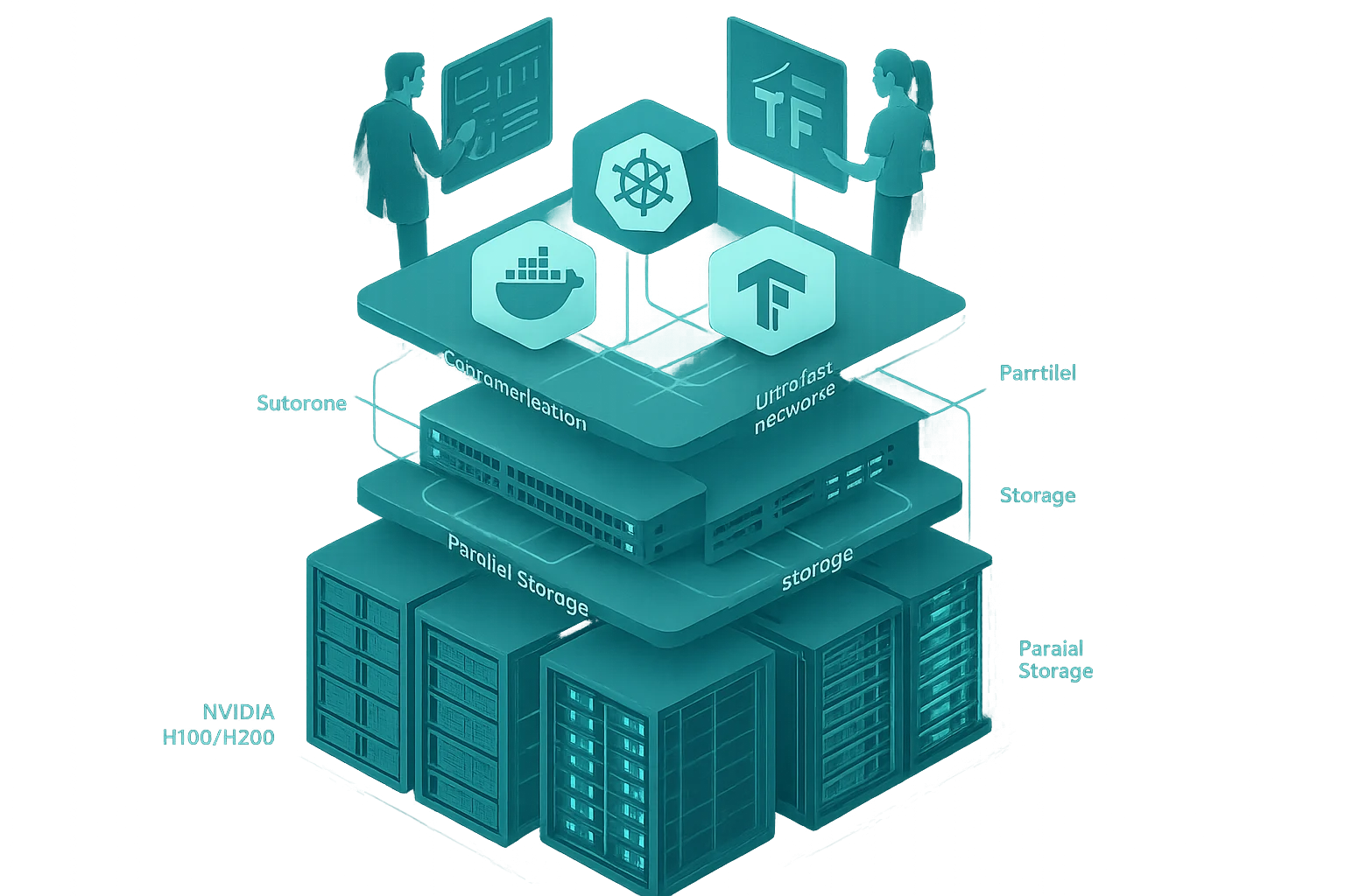 Isometric illustration of AI infrastructure stack with GPUs, storage, networking, and software layer