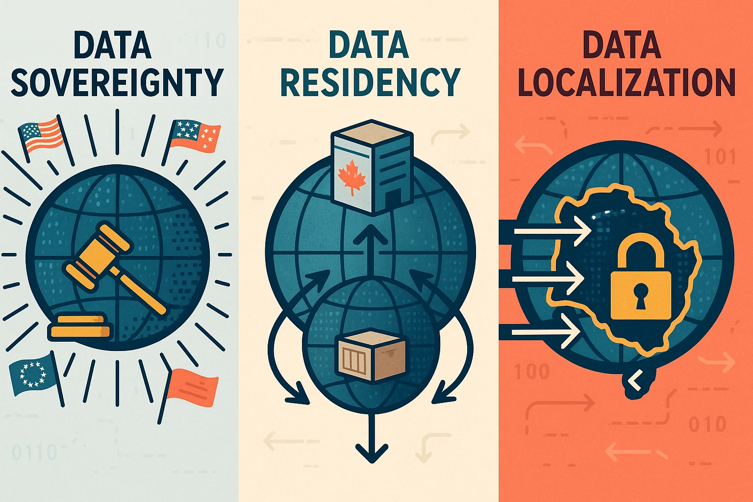 Infographic illustrating data sovereignty (legal control), residency (physical storage), and localization (staying within borders)