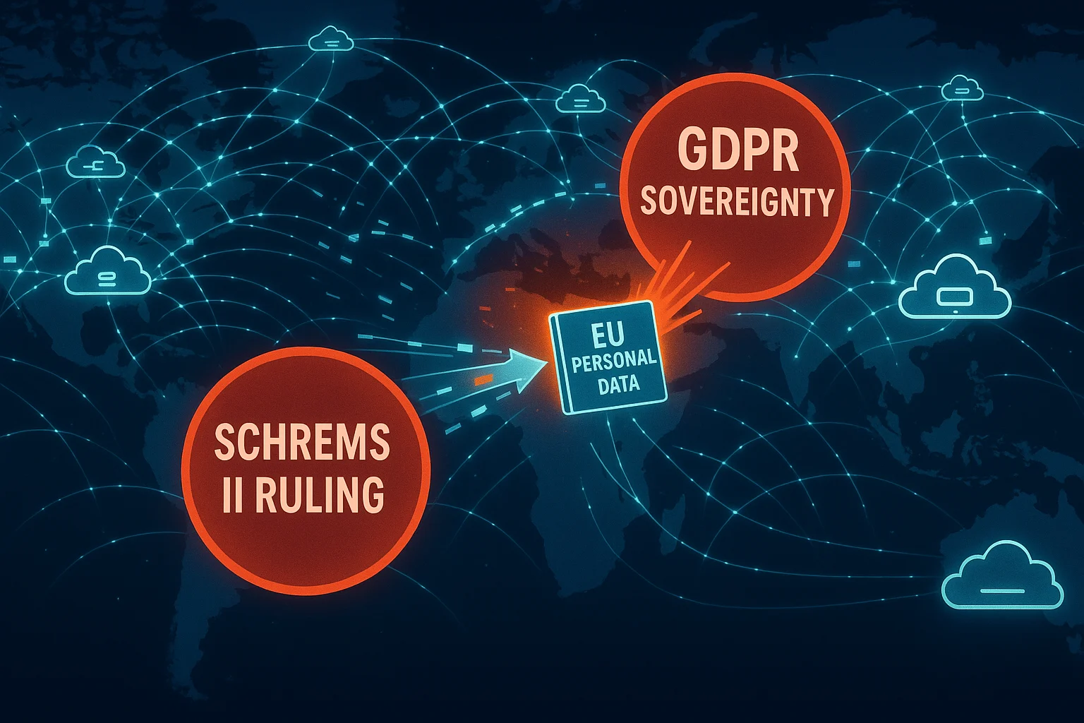 Global hyperscalers' data flow clashing with national sovereignty laws, highlighted by the Schrems II ruling