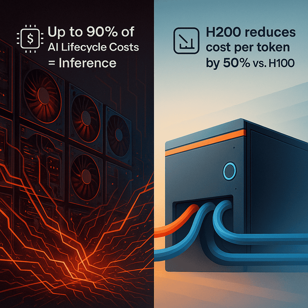 Split-screen image comparing outdated, overheated GPU cluster on the left with smooth, efficient H200 server on the right. Visual data flows illustrate performance gaps, with text highlighting 90% of AI lifecycle cost spent on inference and H200's 50% cost-per-token savings.