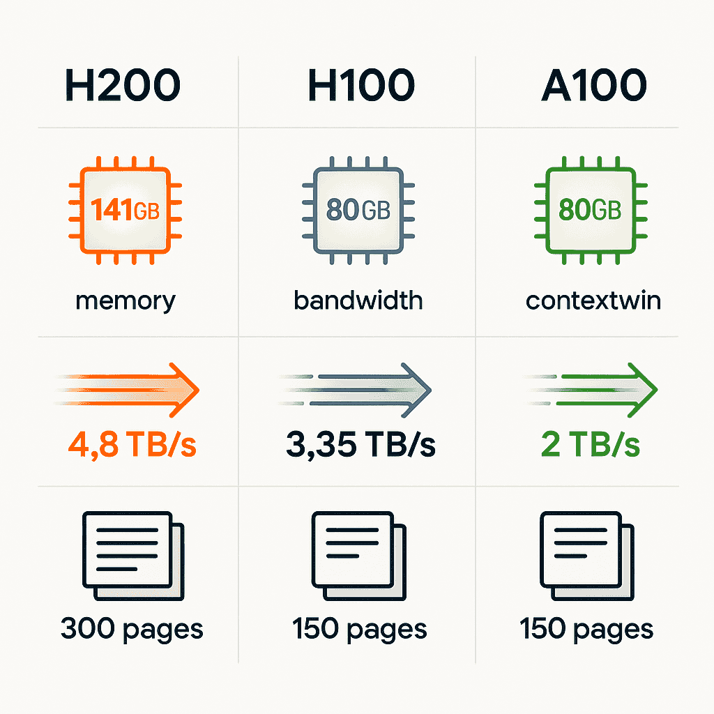 Infographic comparing H200, H100, and A100 GPUs by memory size, bandwidth, and context window using Switcher iconography and brand colors. H200 visually stands out with 141 GB memory, 4.8 TB/s bandwidth, and 128K+ token processing capacity."