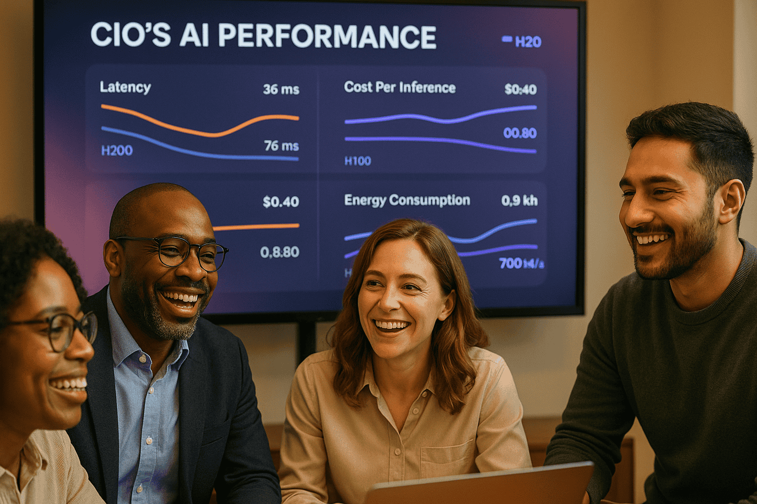 Tech team reviews real-time AI performance dashboard showing H200 outperforming H100 in latency, cost, and energy. The setting is candid, collaborative, and upbeat, featuring UI overlays in Switcher gradients and charts in branded colors