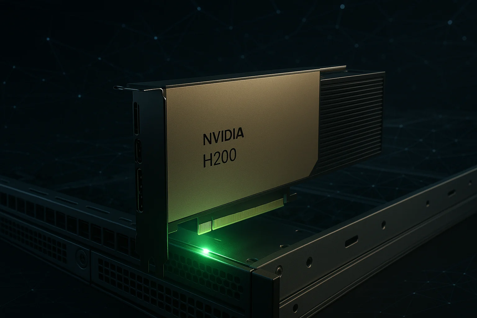 A close-up, dynamic shot of the NVIDIA H200 PCIe GPU card, sleek and powerful, positioned within a standard server rack with a subtle green glow, symbolising its "deploy-anywhere AI GPU" capability. The image highlights its form factor as "NVIDIA’s Most Versatile AI GPU Form Factor for Enterprise AI" and its "broad compatibility with existing x86 servers