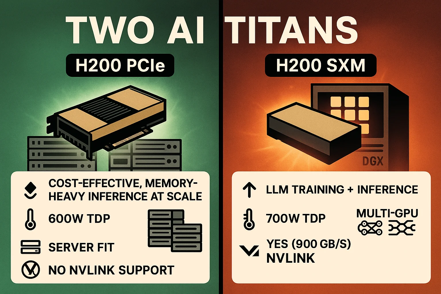 A comparative infographic displaying the NVIDIA H200 PCIe on the left and the NVIDIA H200 SXM on the right, contrasting their key features and use cases. The H200 PCIe side highlights its 600W TDP and "No NVLink Support", suitable for "x86 servers, rackmount" and "cost-effective, memory-heavy inference at scale". The H200 SXM side features its 700W TDP and "Yes (900 GB/s) NVLink", ideal for "DGX systems" and "LLM training + inference