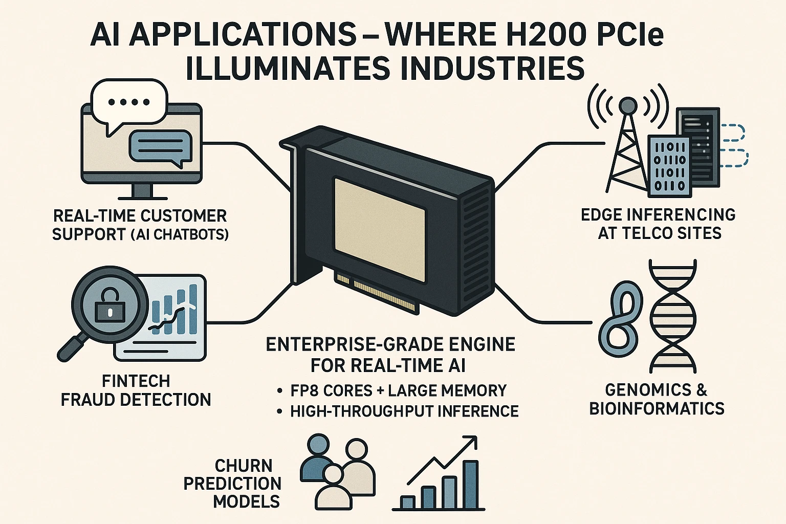 An infographic showcasing diverse real-world applications of the NVIDIA H200 PCIe GPU, with a central stylised H200 PCIe branching out to various industry icons