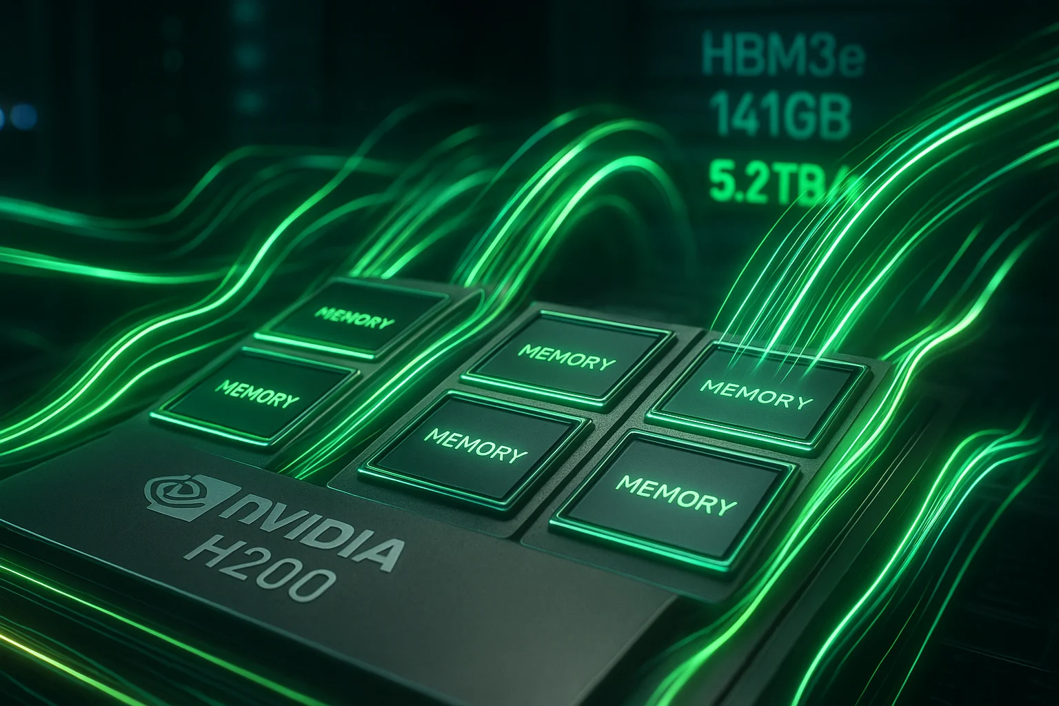 NVIDIA H200 GPU memory modules with glowing data streams showing high bandwidth.