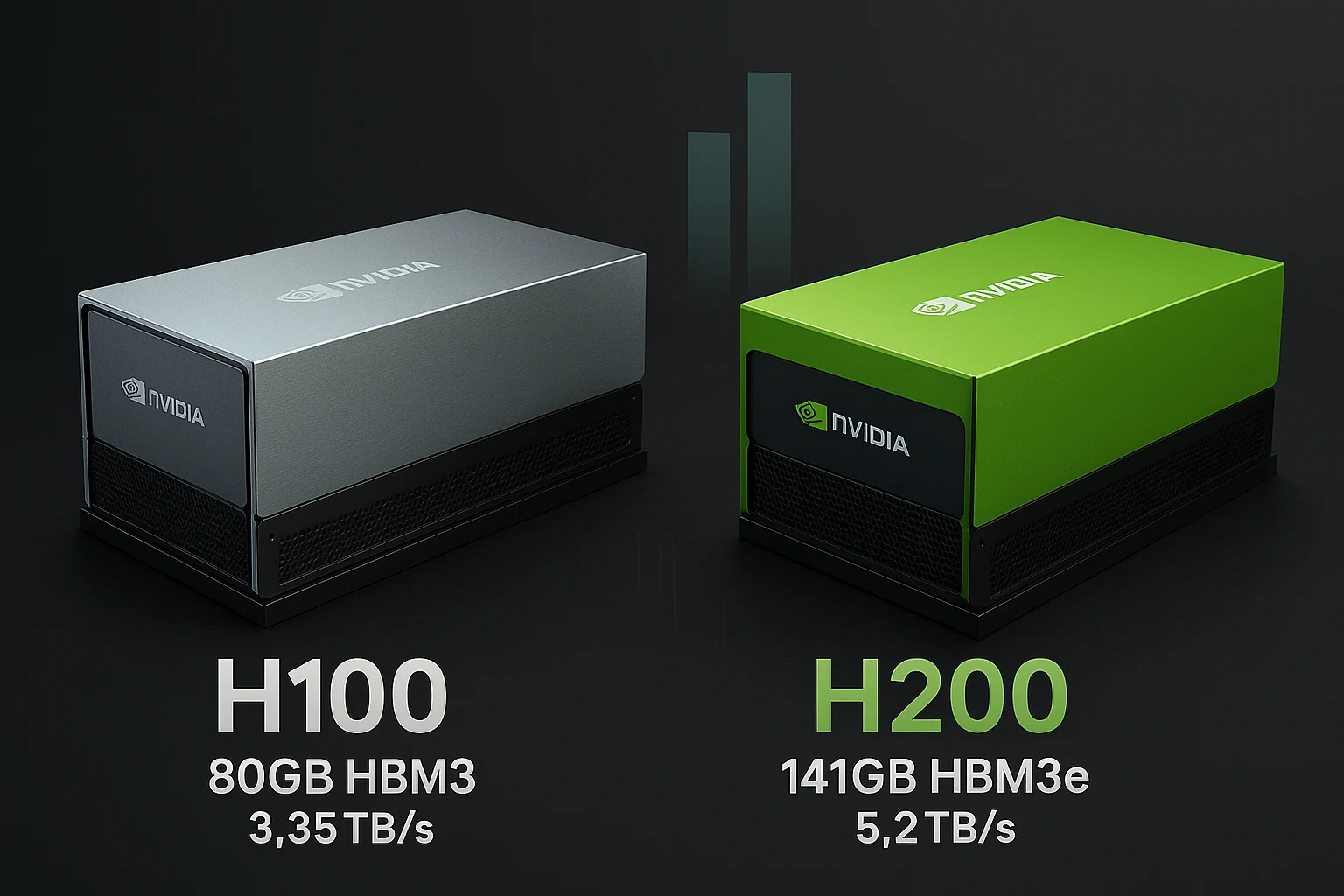 Side-by-side H100 vs H200 GPU memory and bandwidth comparison graphic.