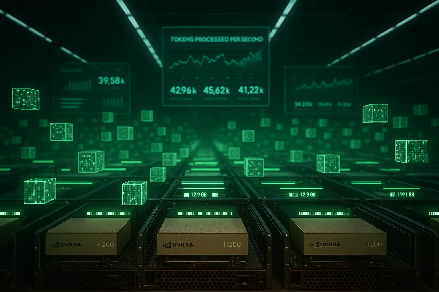 Multiple NVIDIA H200 GPUs processing LLaMA-65B tokens inside AI training datacenter.