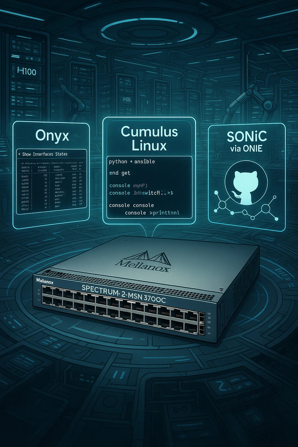 Mellanox MSN3700C with OS overlays: Onyx, Cumulus Linux, and SONiC