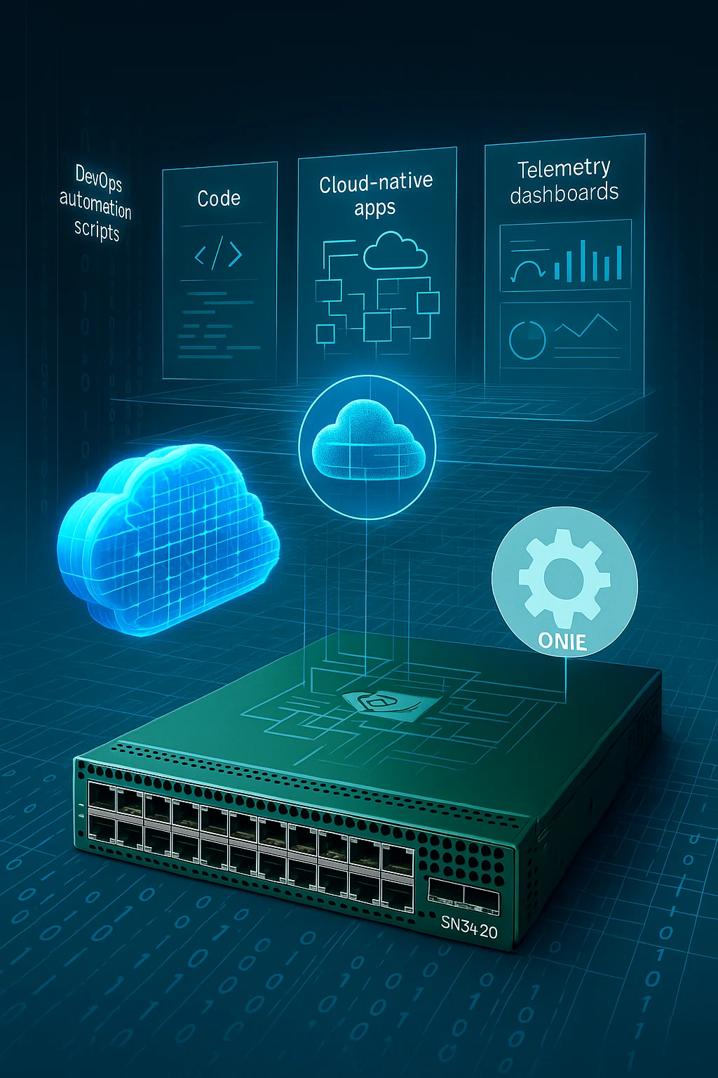 SN3420 switch surrounded by icons for SONiC, Cumulus, and ONIE symbolizing open network OS options