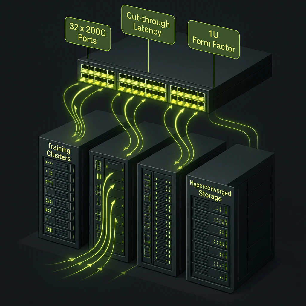 Illustration of MSN3700 switches as backbone in an AI data center, highlighting 200GbE port density and high throughput.