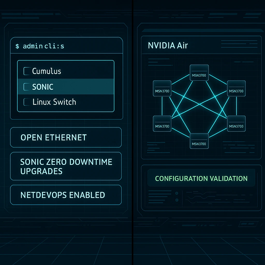 Topology diagram of the Mellanox MSN3700 integrated into AI, telecom, and cloud environments with NVIDIA’s full stack.