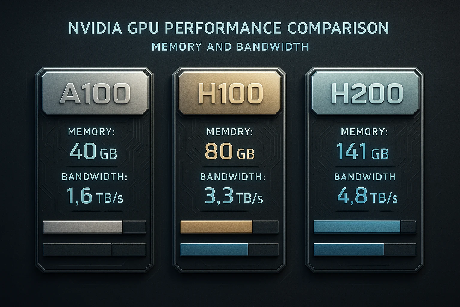 GPU performance chart comparing A100, H100, and H200 memory and bandwidth.