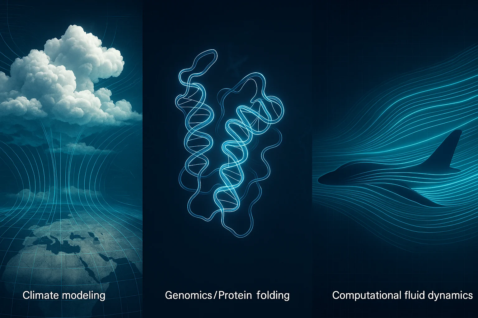Collage of climate modeling, protein structures, and airflow simulation for HPC workloads.