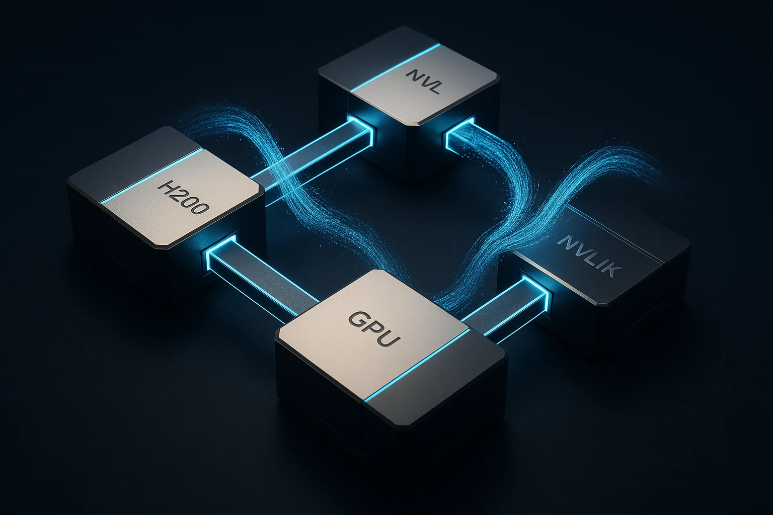 3D diagram showing NVLink connections between H200 GPUs with blue data streams