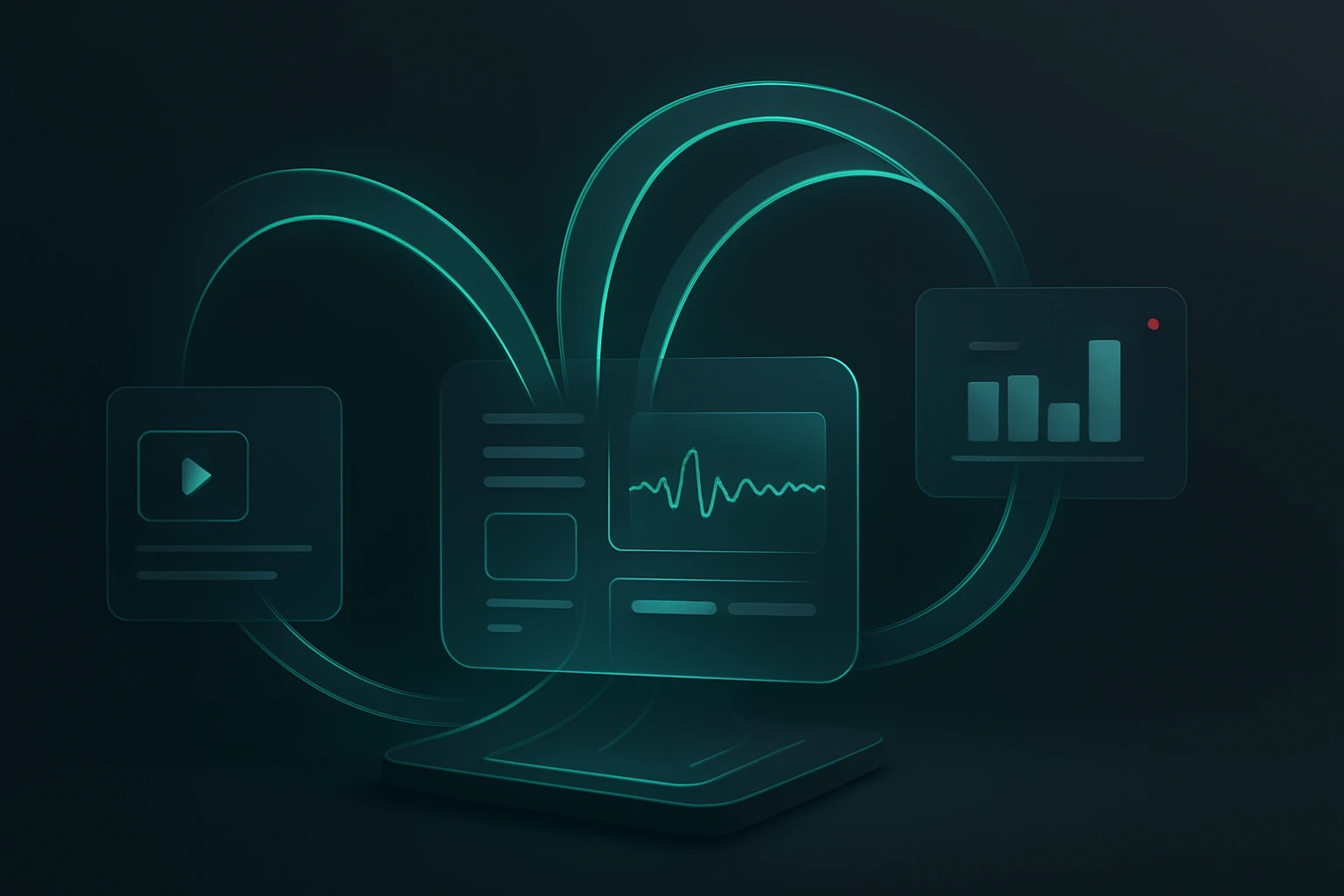 Abstract visual of multiple data streams—video, audio, and graphics—flowing in synchronized arcs toward a central hub.