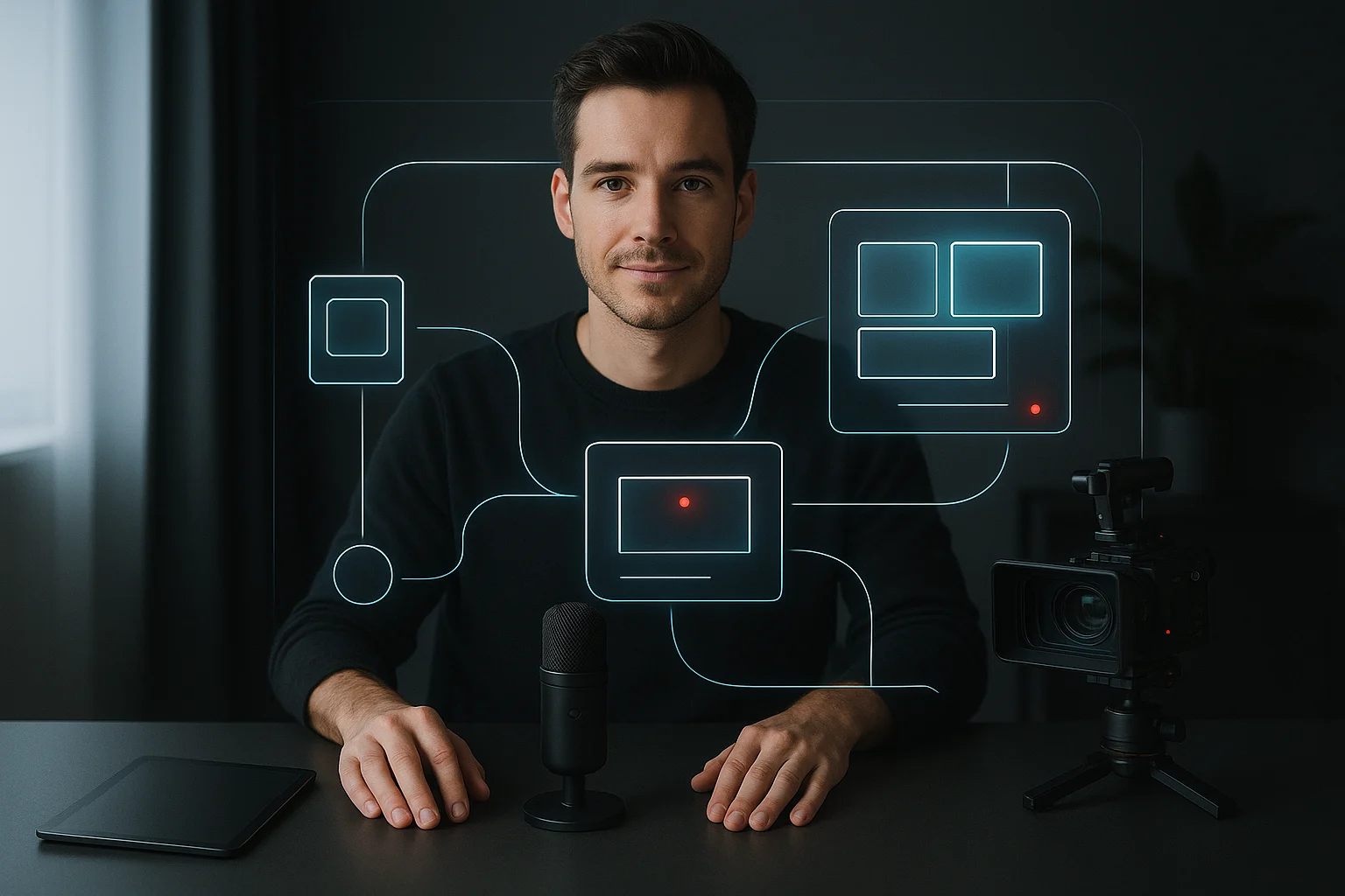 A creative professional sits at a modern desk surrounded by soft natural light and a clean environment emphasize calm control and user-focused live production.