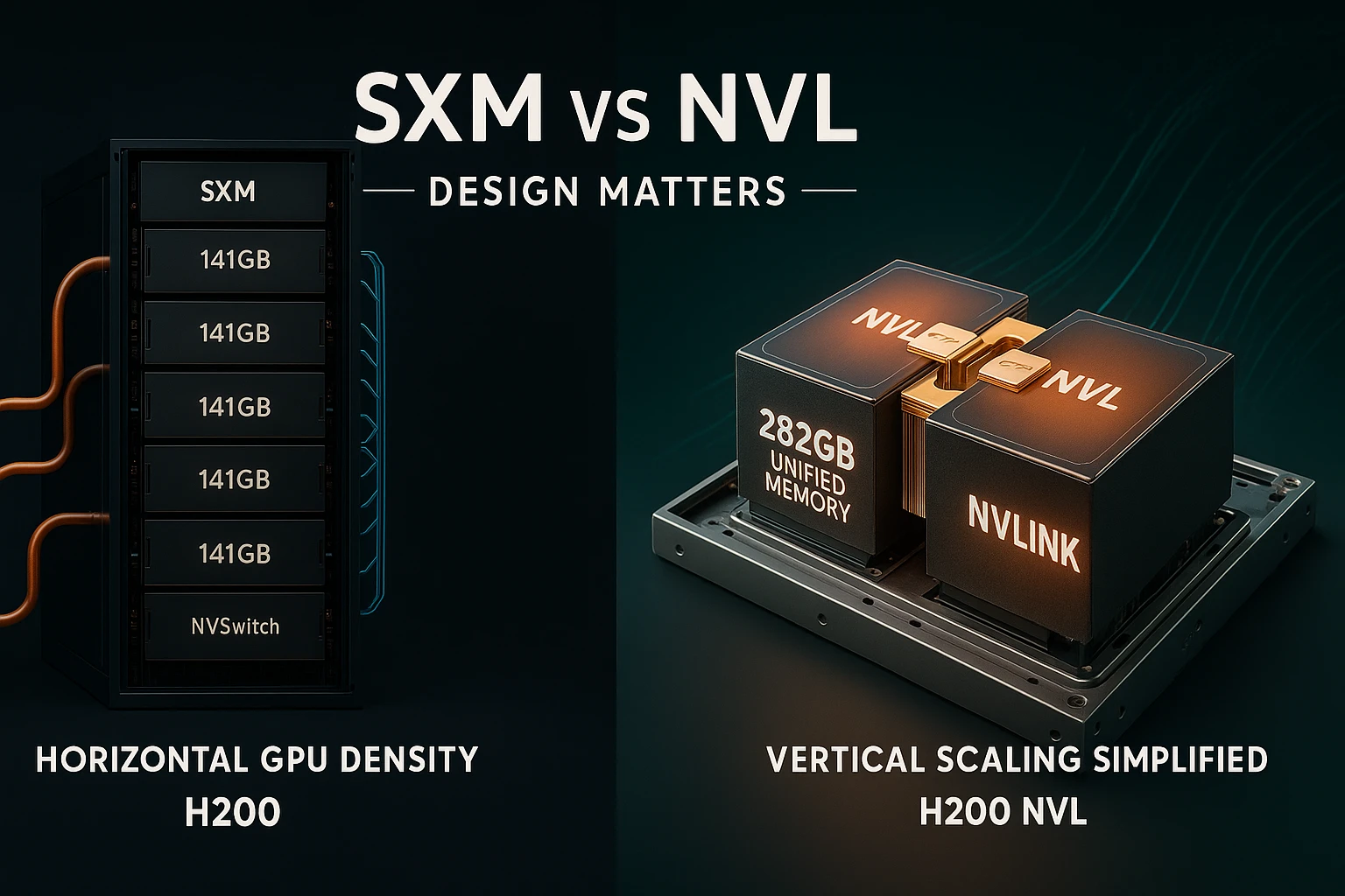 Side-by-side visual comparison of NVIDIA H200 SXM and H200 NVL modules inside a futuristic data center. Left side shows 8 SXM GPUs in an HGX rack with 141GB labels and interlinked NVSwitch connections