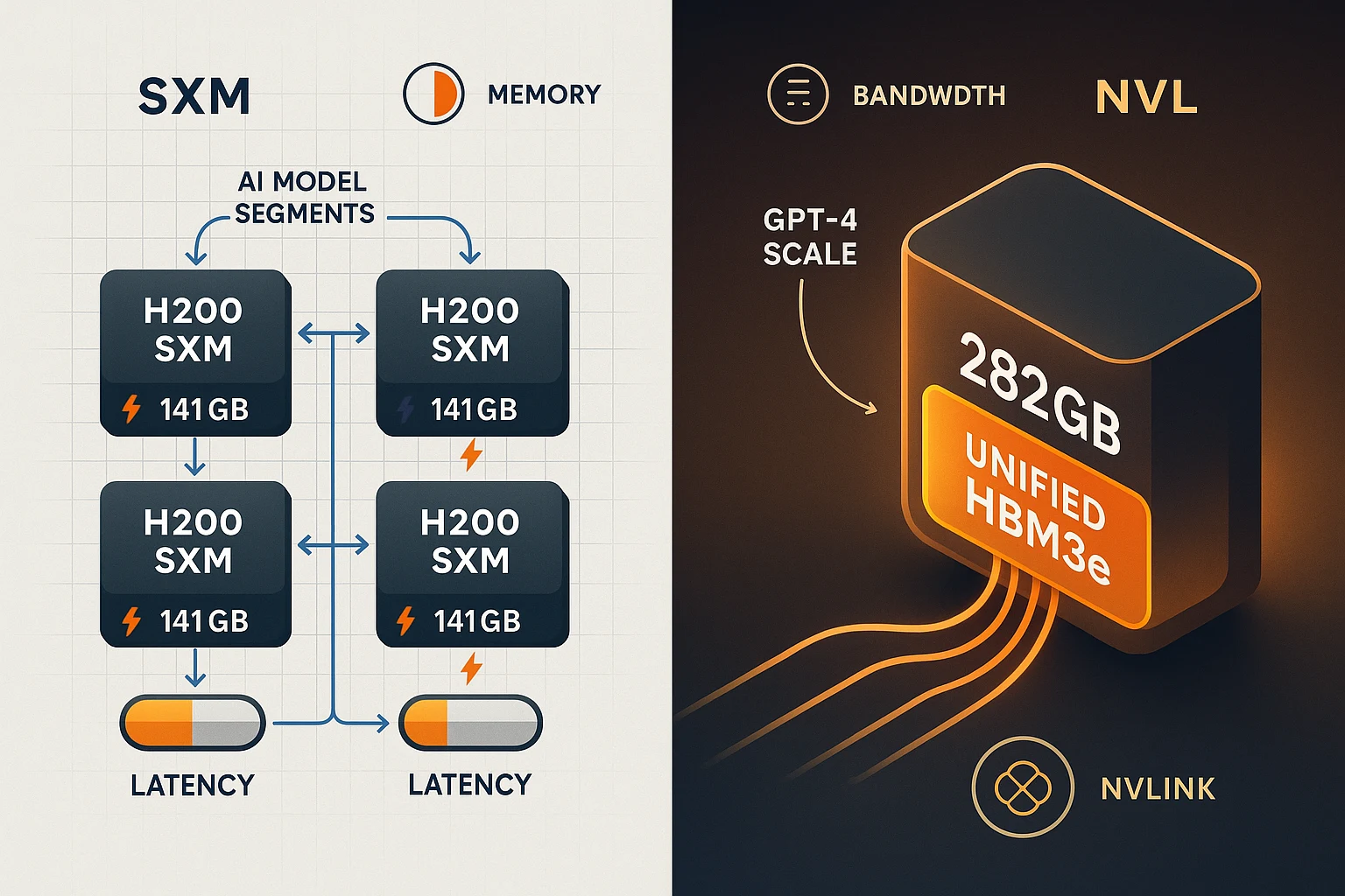 Infographic comparing memory layouts of H200 SXM and H200 NVL. Left half illustrates four SXM GPUs with separate 141GB memory blocks and data sharding arrows with latency icons.