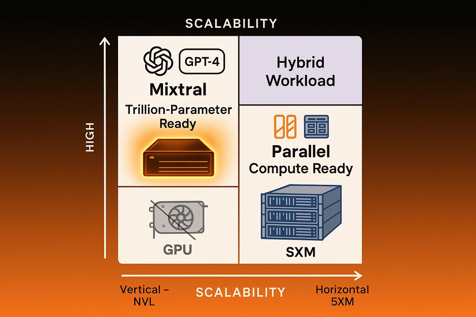 Quadrant matrix comparing ideal workloads for H200 SXM and NVL. X-axis represents scalability (horizontal to vertical), Y-axis represents memory demand (low to high).